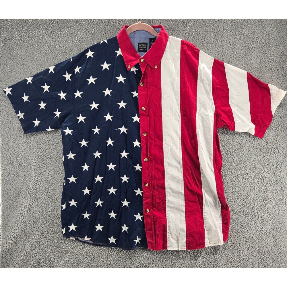 Cotton Traders Sport Shirt Mens XXL American Flag USA 4th of July Print Button